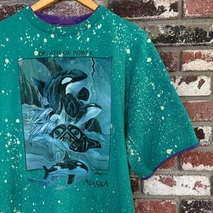 Vintage Alaska Breath Of Power Orca Whales Bleach Spray Tee, Double Wall Collar